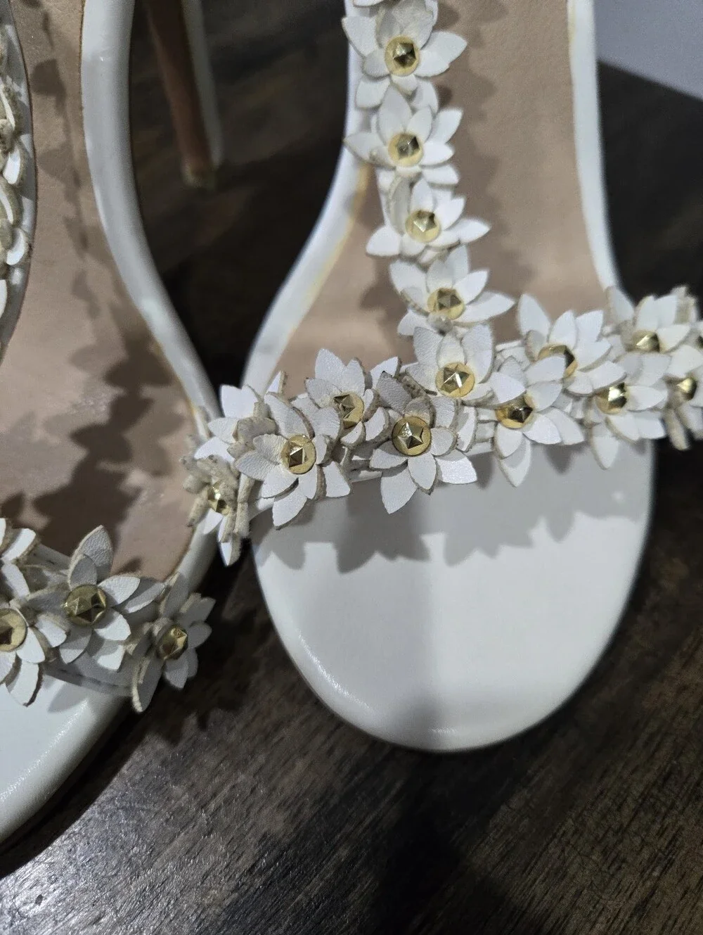 IDIFU White Floral Embellished T-Strap High Heel Sandals